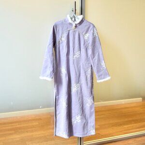 Purple Flora Embroidered Faux Fur Trim Qipao Long Dress